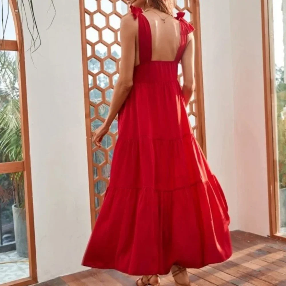 Button Front Ruffle Hem Dress RED - Picture 5 of 5